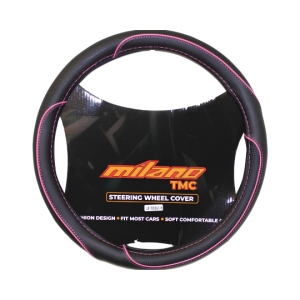 Cubre Volante de Goma PU Universal para Auto y Camioneta Negro con líneas Rosada